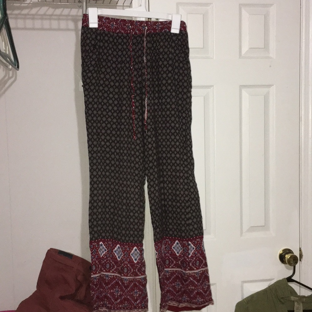 Flare pants, brown and red with some patterns
